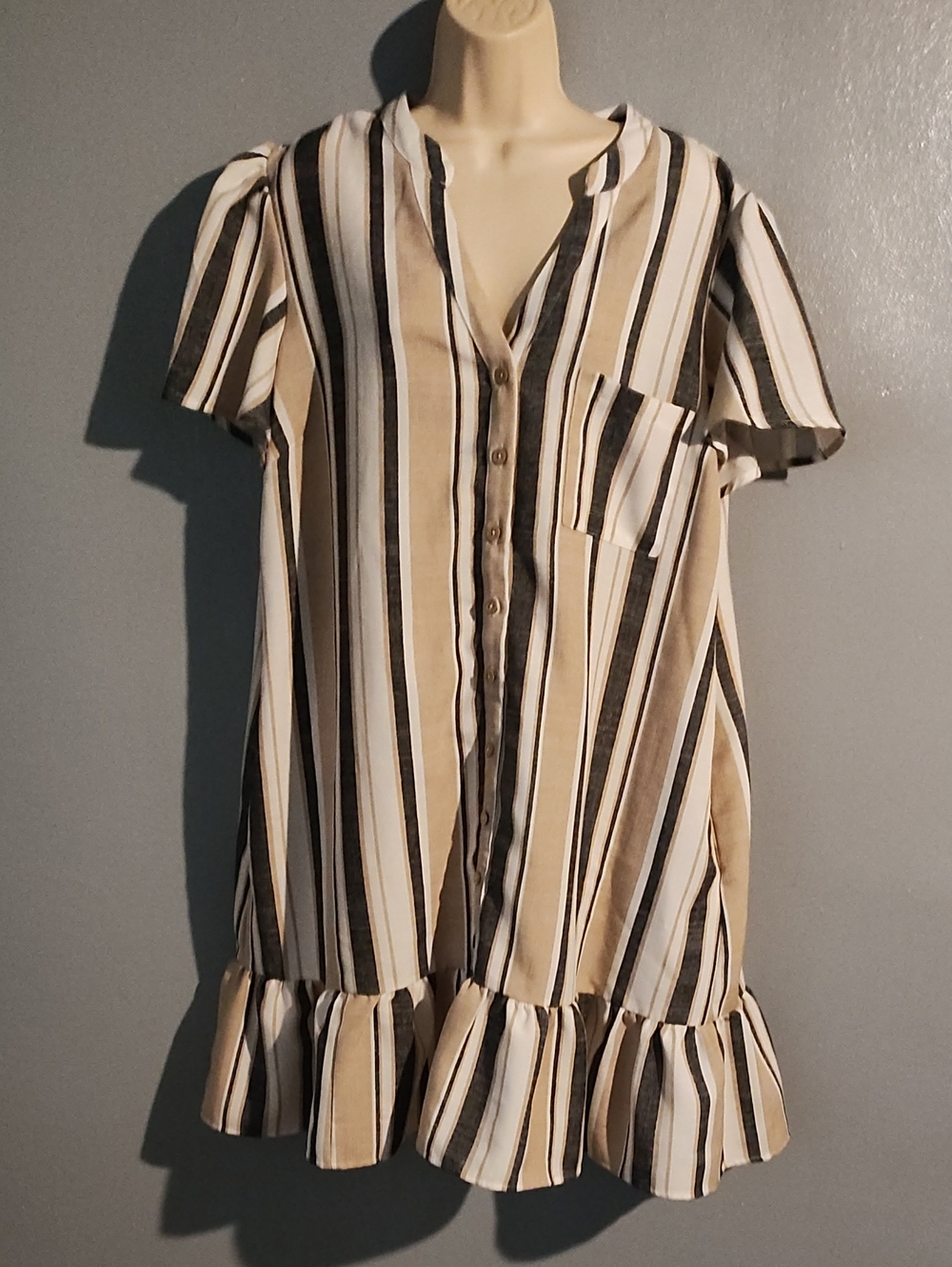 Cato Striped Ruffle-Hem Button Front Dress in Beige and Black